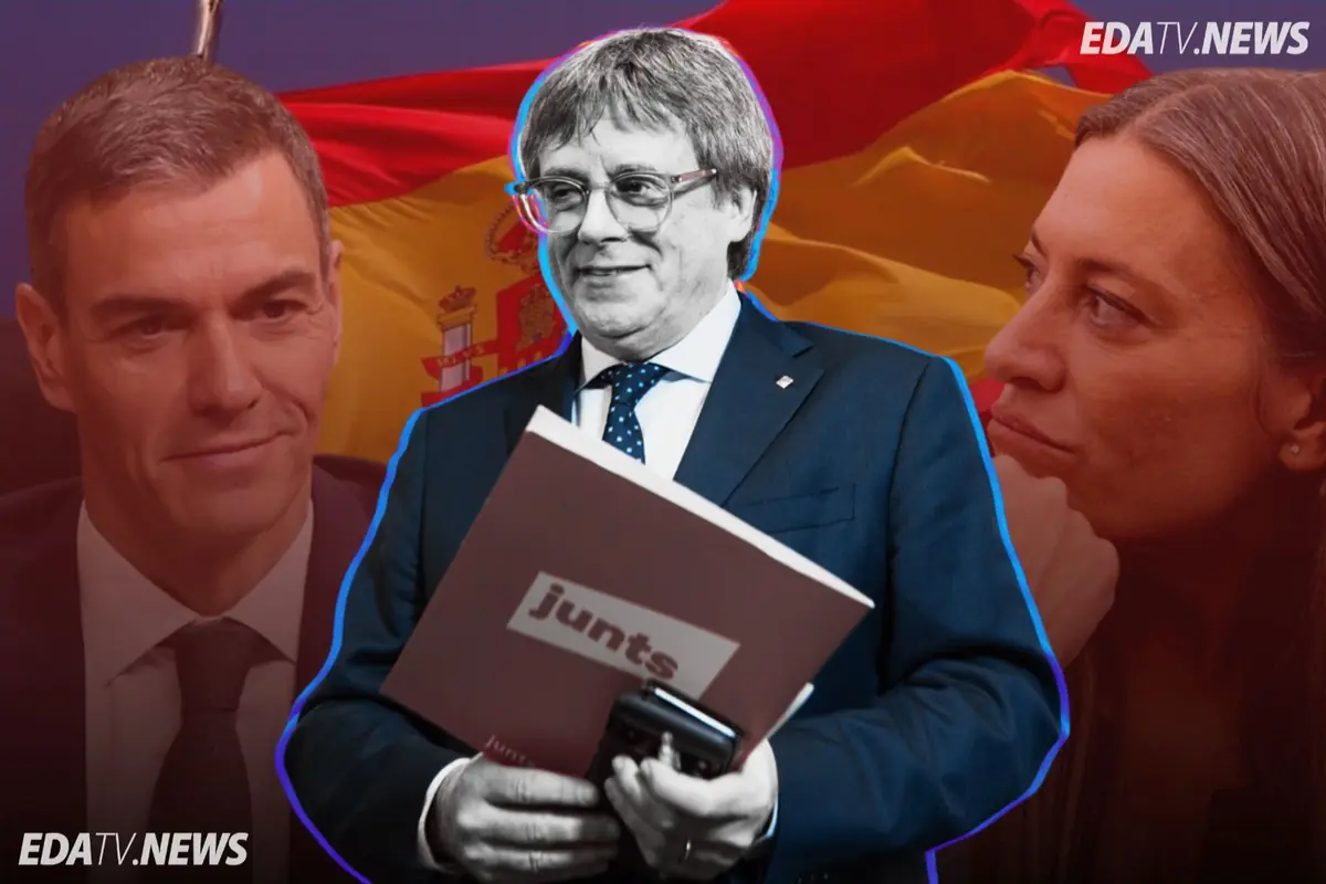 Montaje político con tres figuras en primer plano sobre una bandera de España y un dirigente central sosteniendo una carpeta con el logo de junts