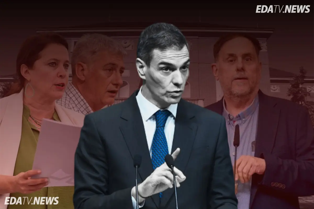 Montaje de un político en primer plano hablando ante micrófonos con gesto serio y tres personas desenfocadas detrás sobre un fondo de edificio y el logotipo EDATV NEWS en las esquinas