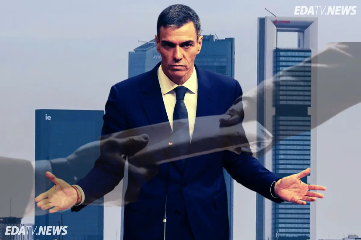 Hombre con traje oscuro y gesto serio en primer plano sobre un montaje de rascacielos y manos entregando un documento que sugiere negociación o acuerdo político