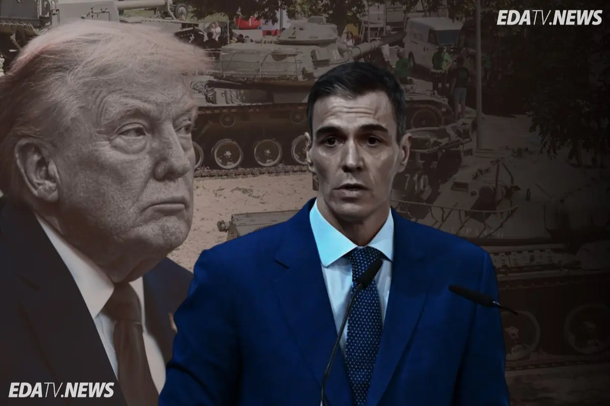 Montaje con dos políticos en primer plano sobre un fondo de tanques militares y el logotipo de un medio de noticias en la esquina