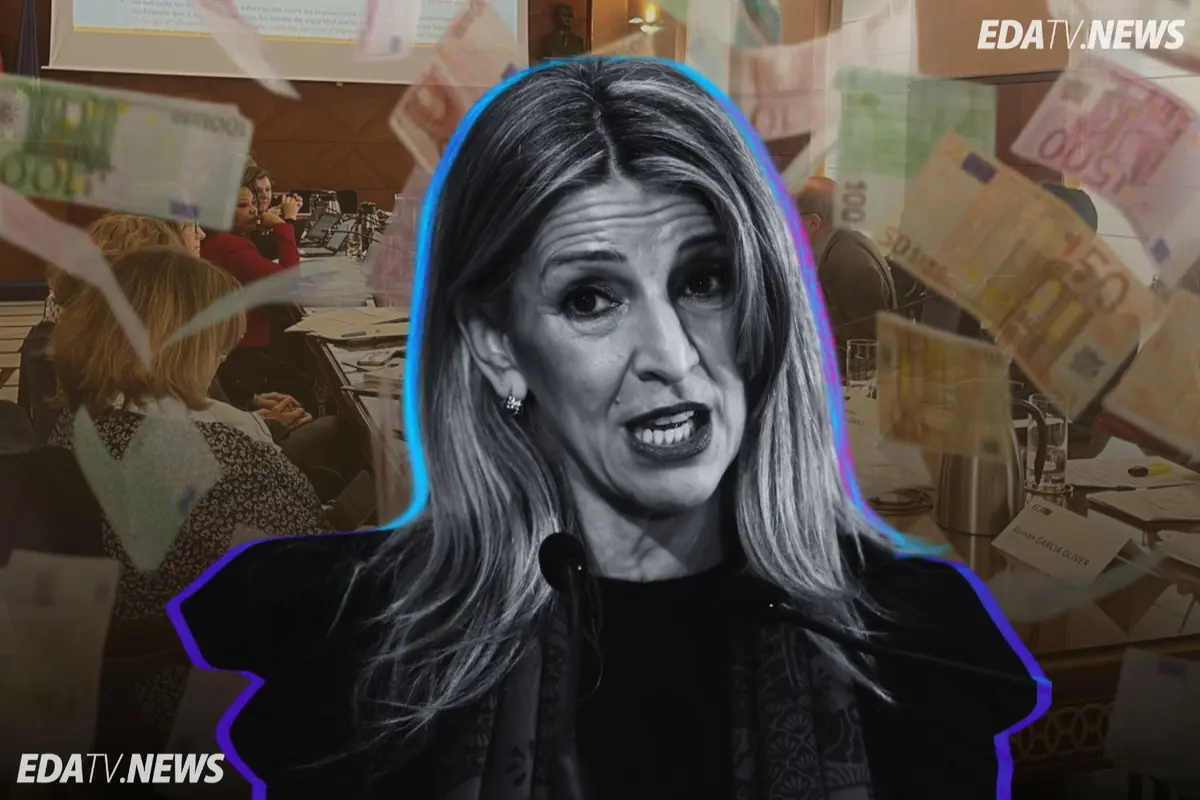 Mujer hablando en primer plano en blanco y negro con fondo de reunión y billetes de euro flotando y logotipo de EDATV NEWS