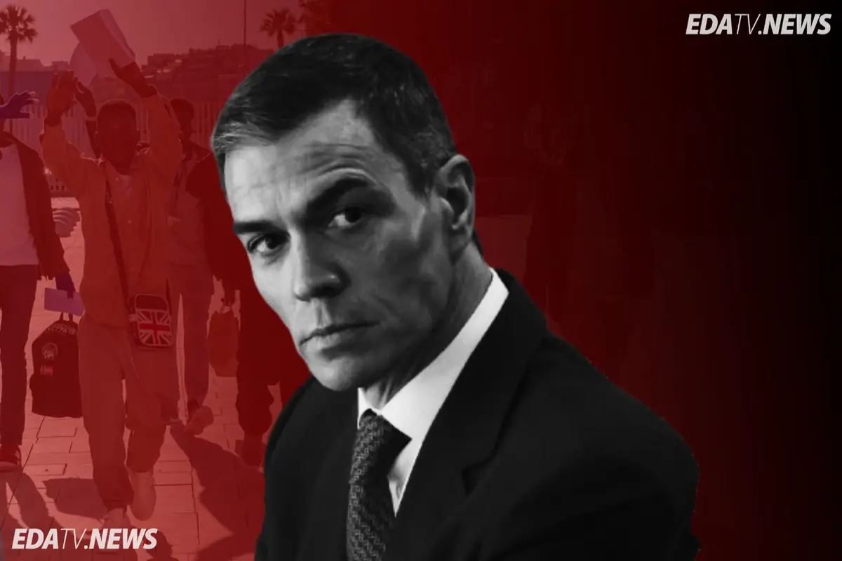 Retrato en blanco y negro de un hombre con traje y gesto serio sobre un fondo rojo oscuro con siluetas de personas caminando y el logotipo EDATV NEWS en las esquinas