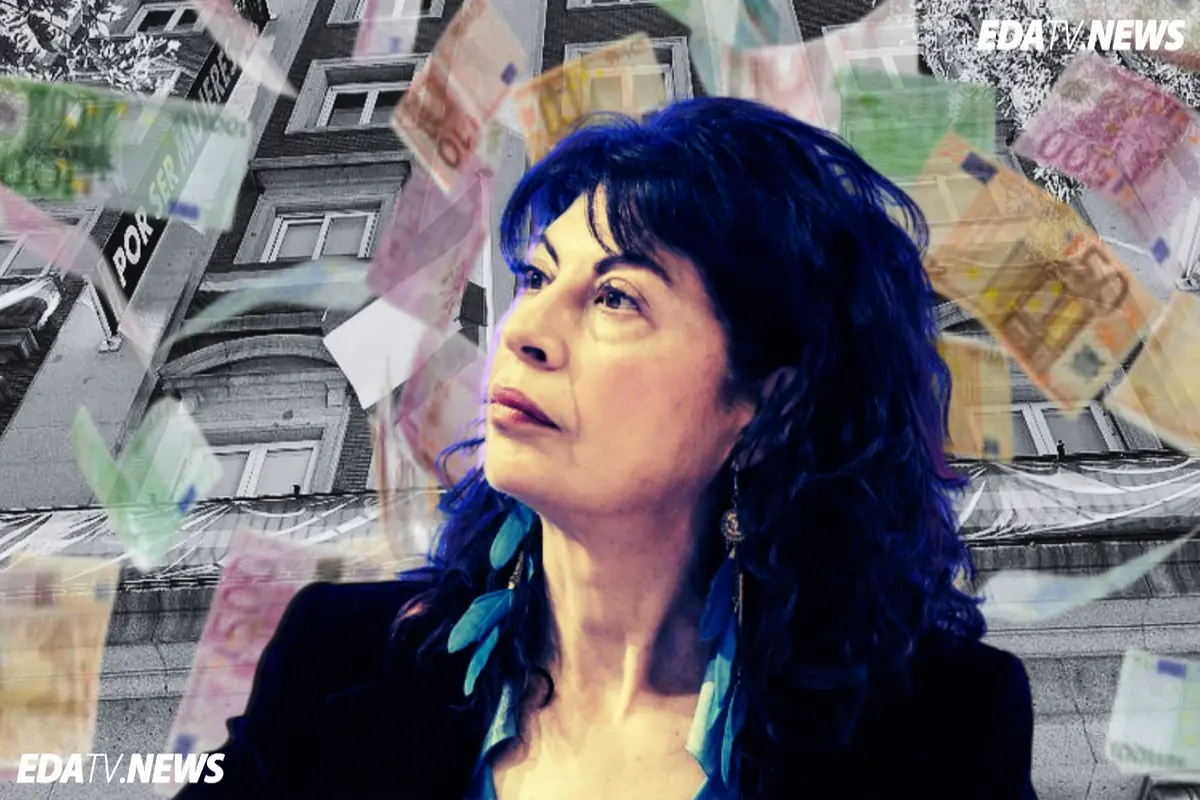 Mujer de mediana edad con expresión seria en primer plano sobre un edificio en blanco y negro mientras billetes de euro de colores flotan a su alrededor con el logotipo EDATV NEWS en las esquinas