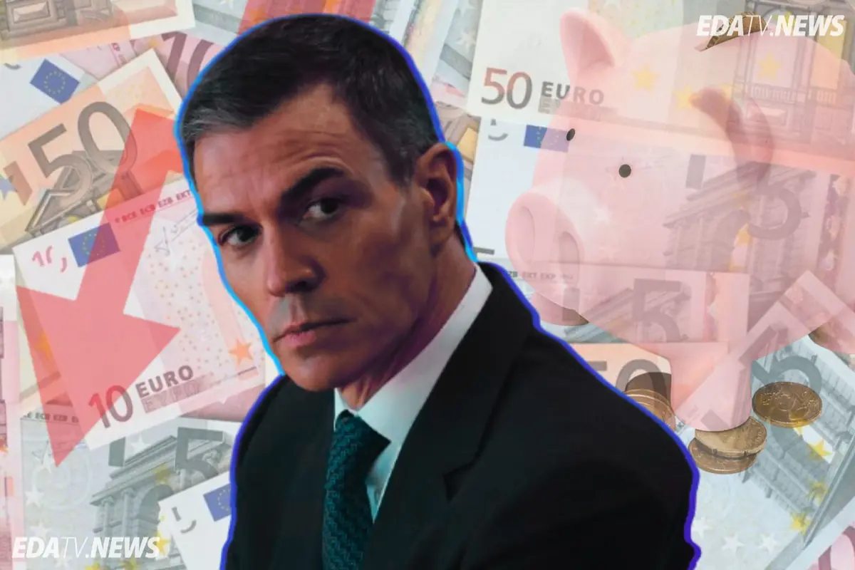 Hombre con traje oscuro en primer plano sobre un fondo de billetes de euro una hucha rosa y monedas que sugieren un tema de economía o finanzas
