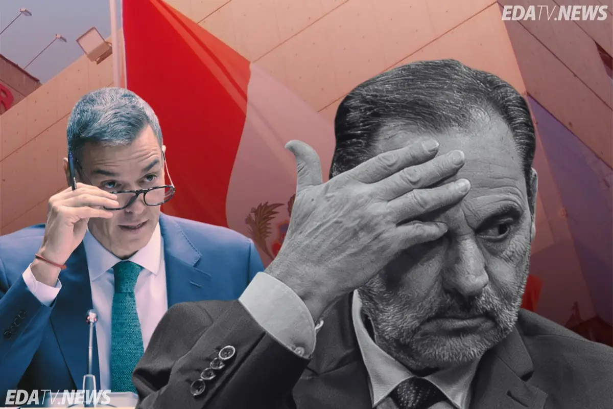 Montaje de dos políticos preocupados en primer plano con un gran edificio institucional y una bandera rojiblanca de fondo