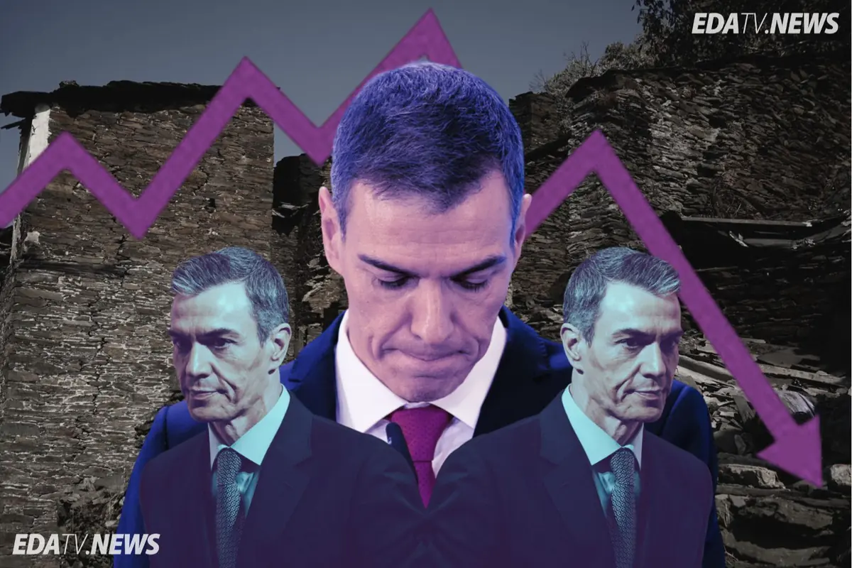 Montaje con tres figuras del mismo político en traje con gesto serio sobre un fondo de edificios en ruinas y una gran flecha morada descendente que sugiere caída o crisis