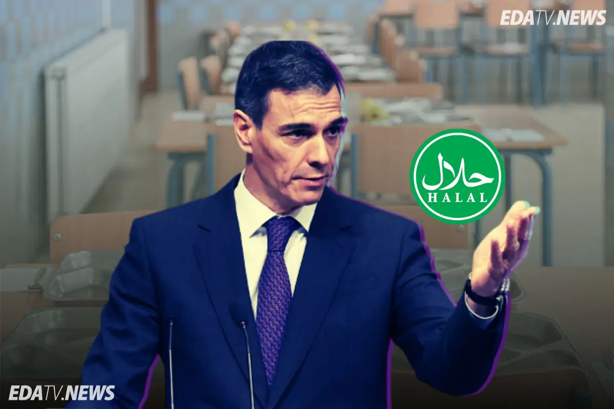 Político dando un discurso en un aula escolar con un símbolo verde de comida halal a su lado