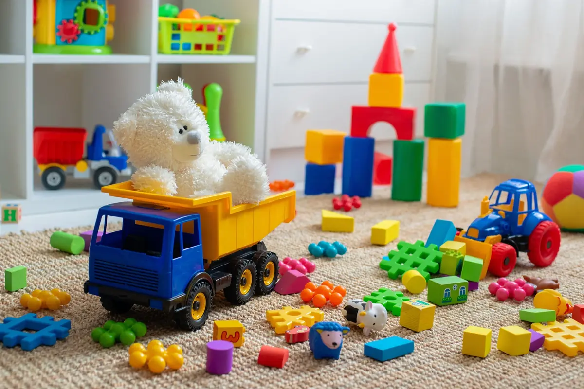 Habitación infantil con muchos juguetes de colores en el suelo, un camión de juguete azul y amarillo que lleva un oso de peluche blanco y bloques de construcción esparcidos por la alfombra