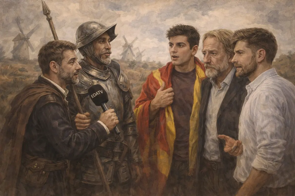 Pintura realista de cinco hombres conversando en un paisaje con molinos de viento uno vestido de caballero medieval con armadura otro con micrófono de televisión y un joven envuelto en una bandera rojigualda junto a dos hombres de traje y camisa
