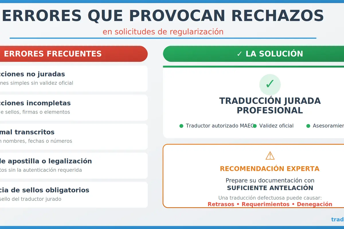 Infografía en español que compara errores frecuentes en traducciones para solicitudes de regularización con la solución de usar traducción jurada profesional y una recomendación de preparar la documentación con suficiente antelación