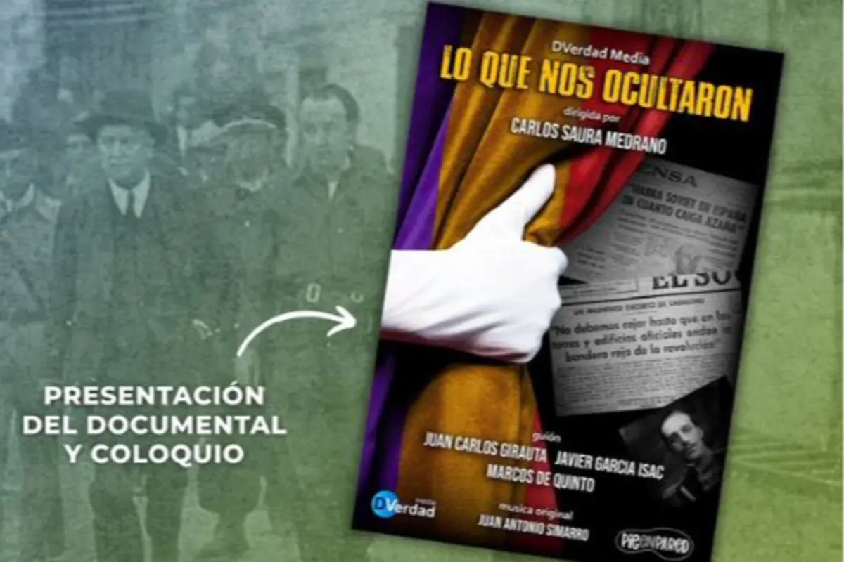 Cartel del documental Lo que nos ocultaron de Carlos Saura Medrano con una mano enguantada descorriendo una cortina y texto de presentación del documental y coloquio sobre un fondo de fotografía histórica en blanco y negro