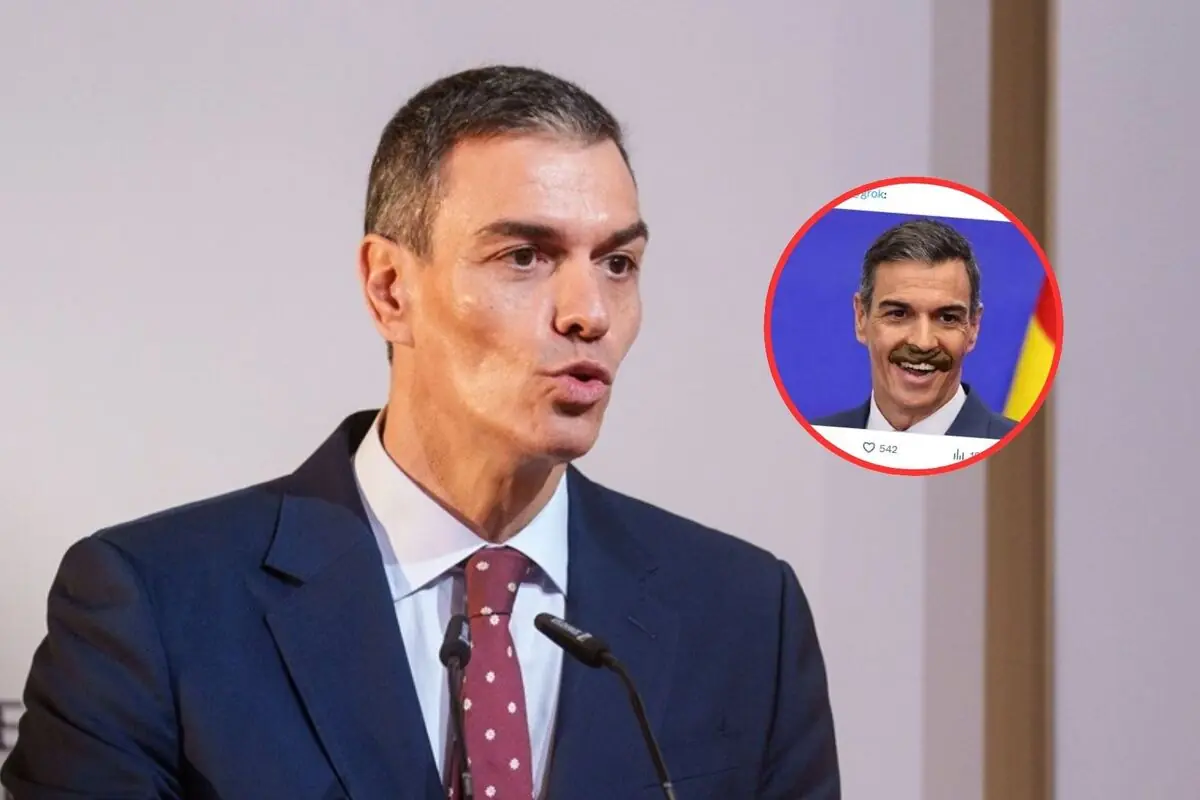 Hombre con traje y corbata hablando ante un micrófono junto a un recuadro circular que muestra una versión suya con bigote y fondo azul