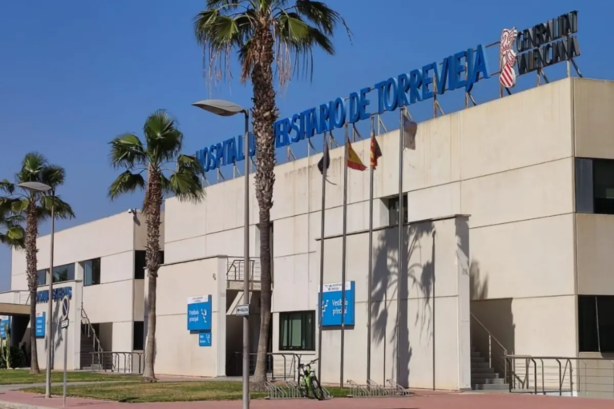 Fachada del Hospital Universitario de Torrevieja con palmeras banderas y carteles azules de acceso principal en un día soleado