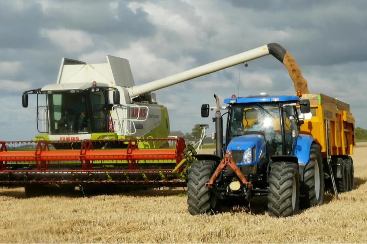 Cosechadora descargando grano en un remolque tirado por un tractor azul en un campo de cultivo