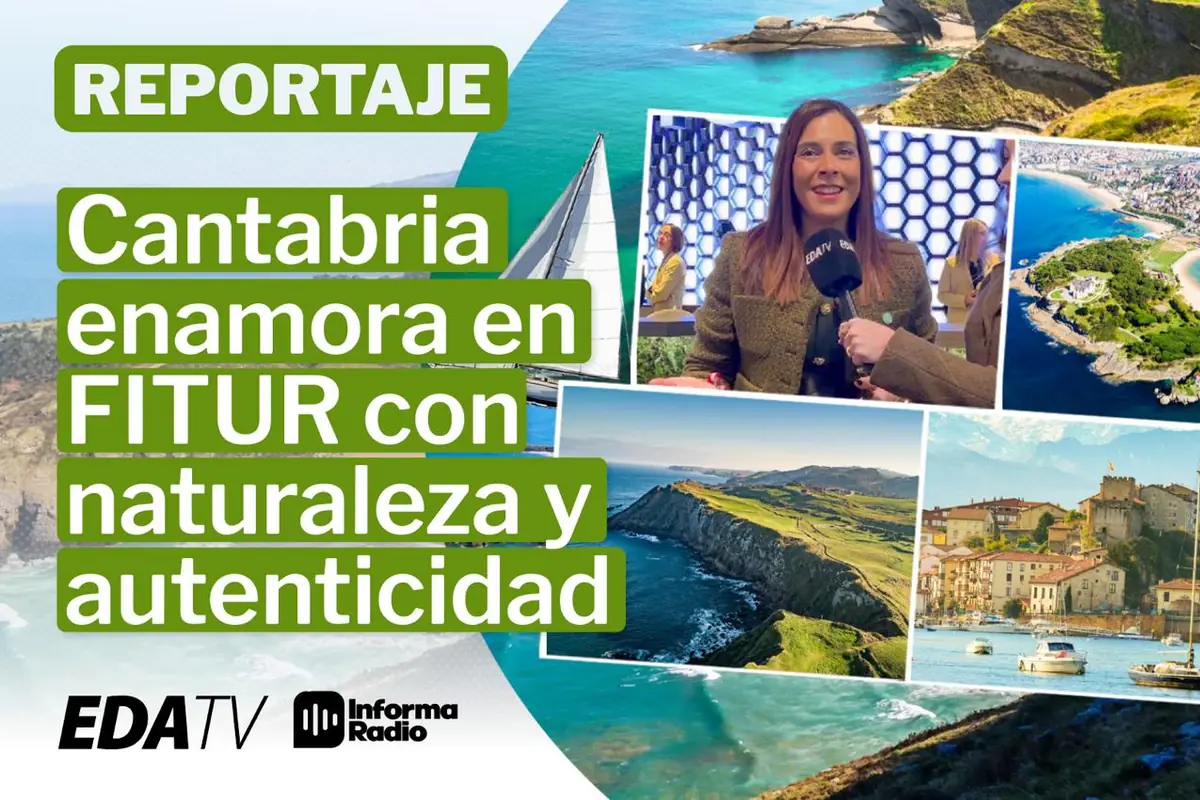 Montaje promocional de Cantabria en FITUR con una reportera de EDA TV y paisajes costeros y rurales que destacan naturaleza y autenticidad
