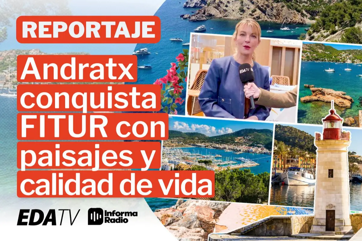 Montaje promocional de Andratx en FITUR con periodista entrevistada y vistas turísticas del puerto, la costa y un faro destacando paisajes y calidad de vida