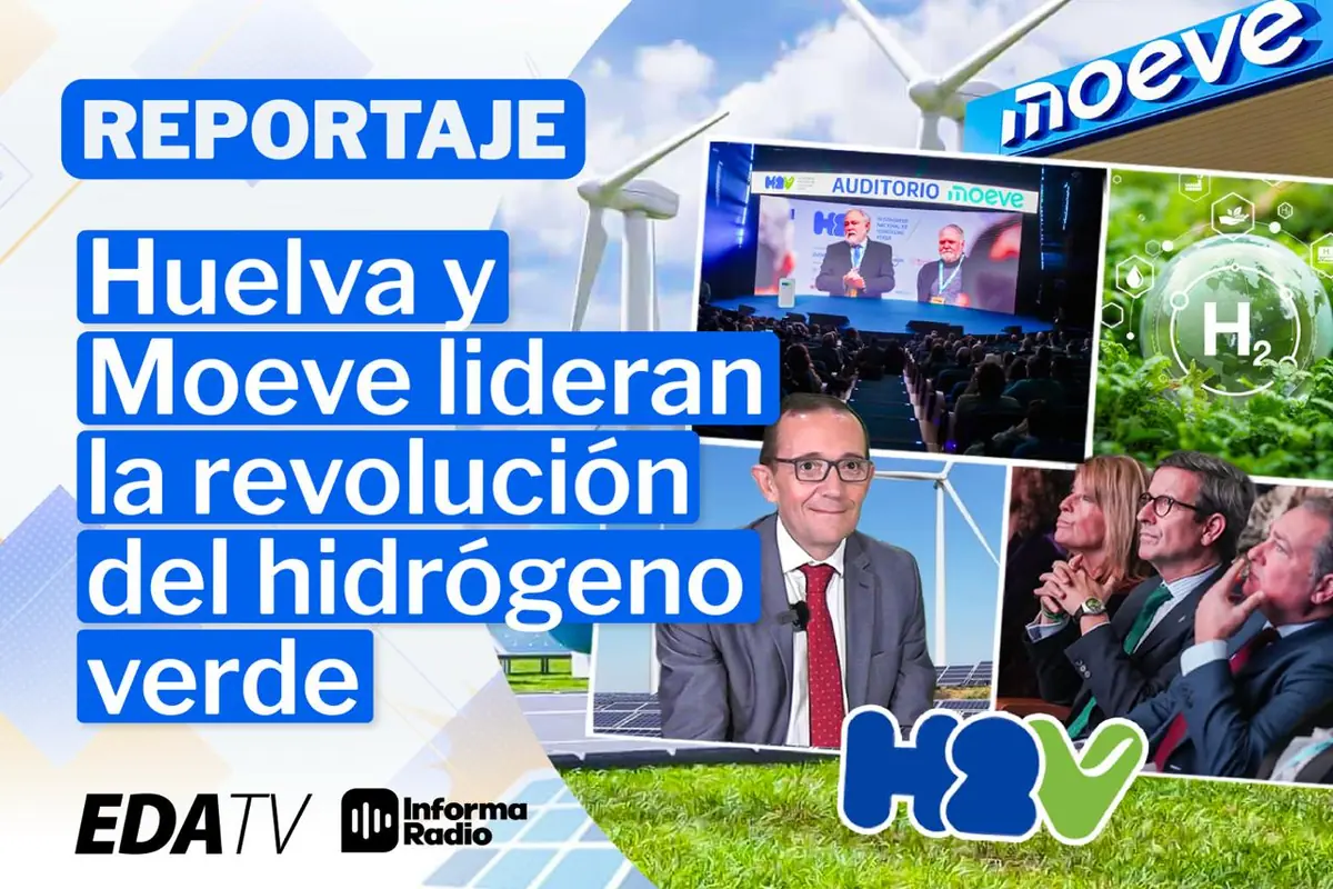 Montaje promocional de un reportaje de EDA TV e Informa Radio sobre cómo Huelva y la empresa Moeve lideran la revolución del hidrógeno verde con imágenes de un auditorio, ponentes, asistentes, aerogeneradores, paneles solares y el logotipo H2V