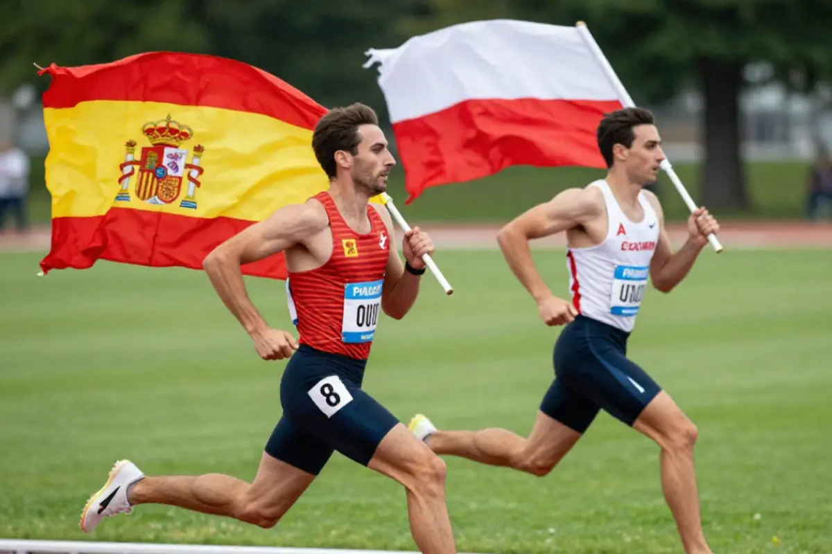 Dos atletas corriendo en una pista al aire libre mientras uno lleva la bandera de España y el otro la bandera de Polonia