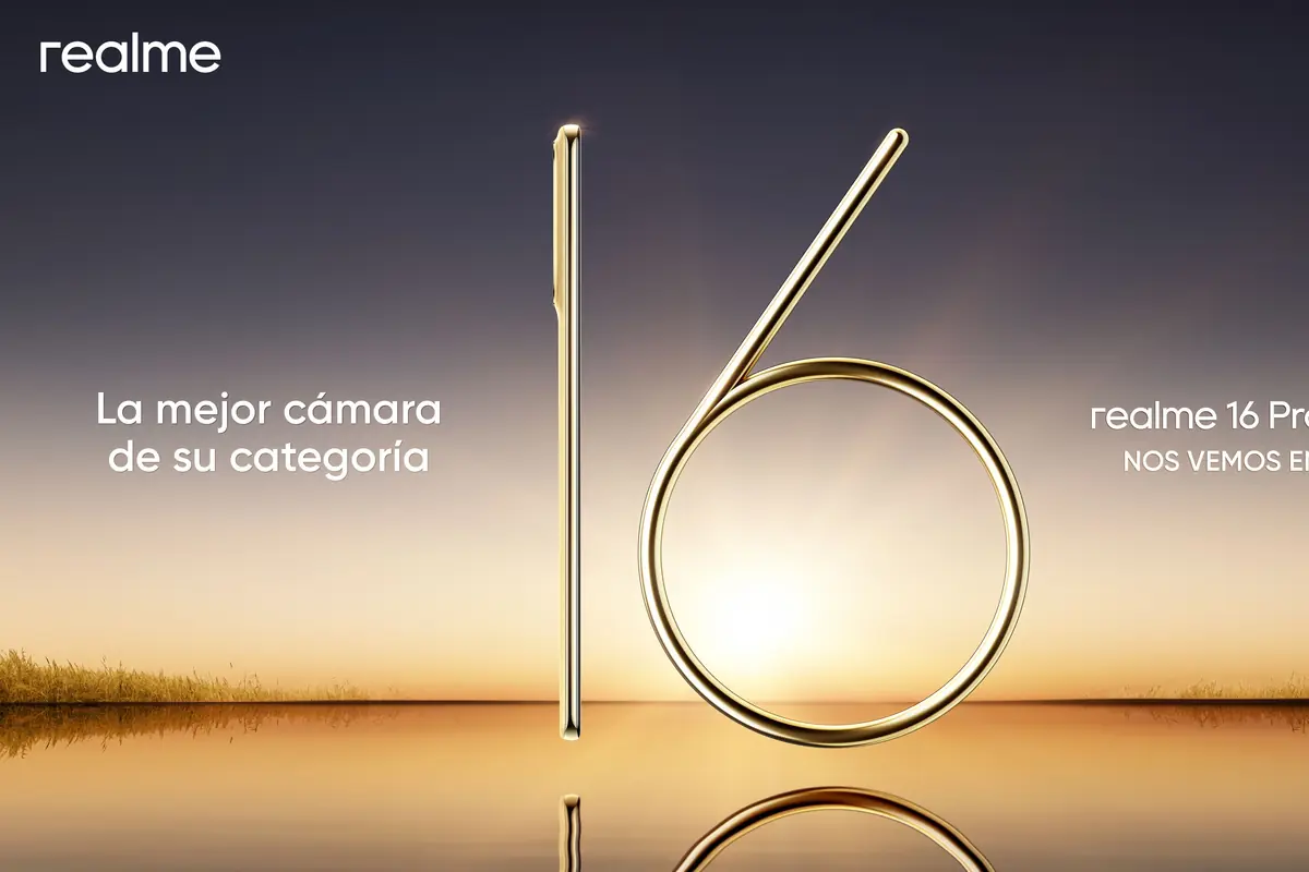 Anuncio del smartphone realme 16 Pro con número 16 dorado sobre un atardecer y el eslogan La mejor cámara de su categoría