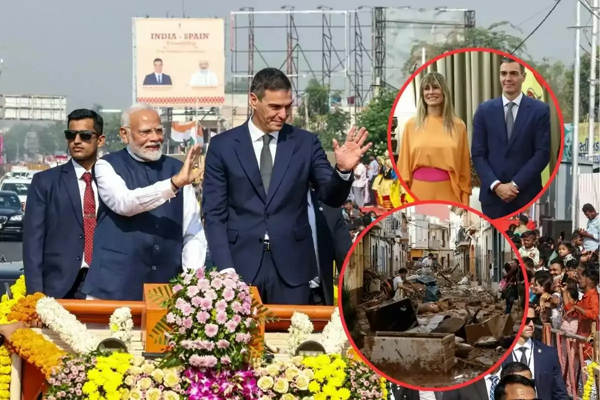 Líderes políticos saludan desde un desfile en la India con flores y público mientras dos recuadros muestran a una pareja posando en un acto oficial y una calle devastada por escombros y barro