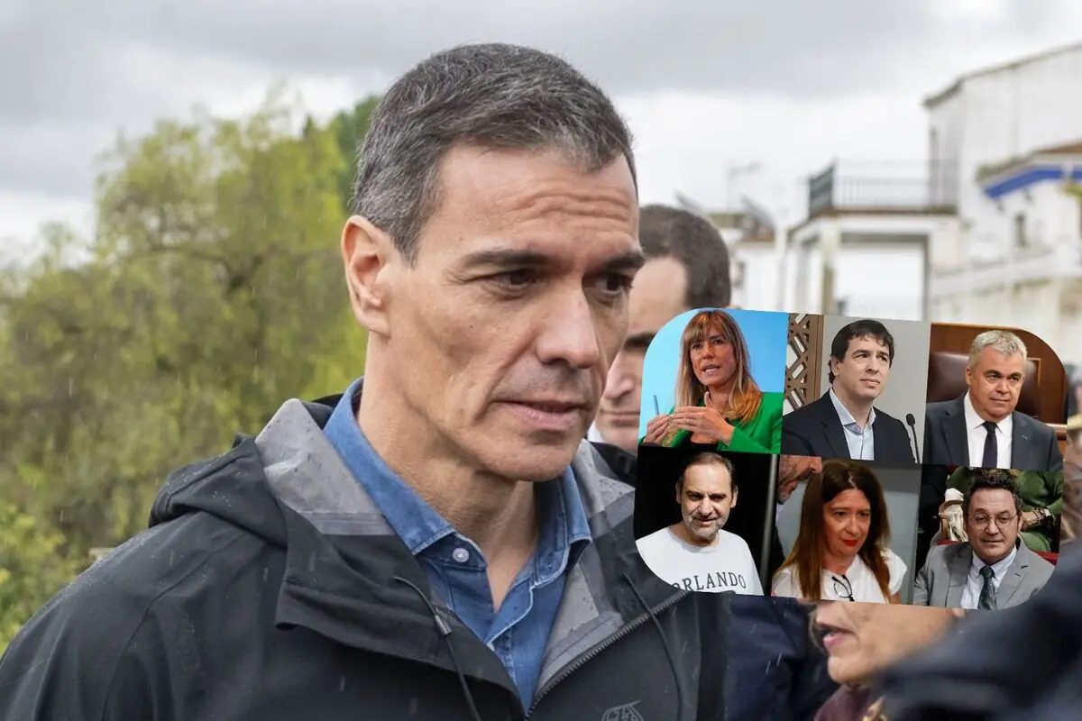 Hombre de mediana edad con gesto serio al aire libre bajo un cielo nublado con un collage de seis retratos de otras personas superpuesto en la parte derecha de la imagen