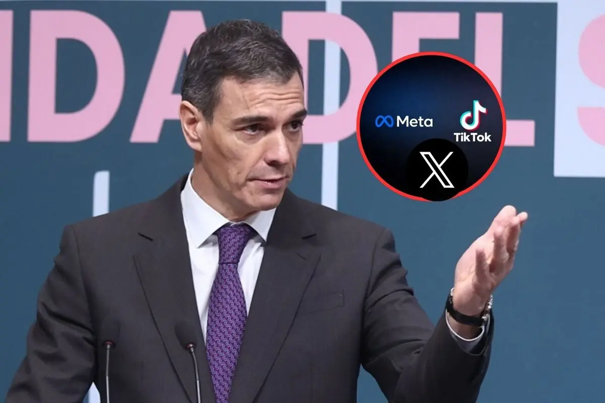 Político en traje dando un discurso con la mano levantada junto a un círculo que muestra los logotipos de Meta TikTok y X