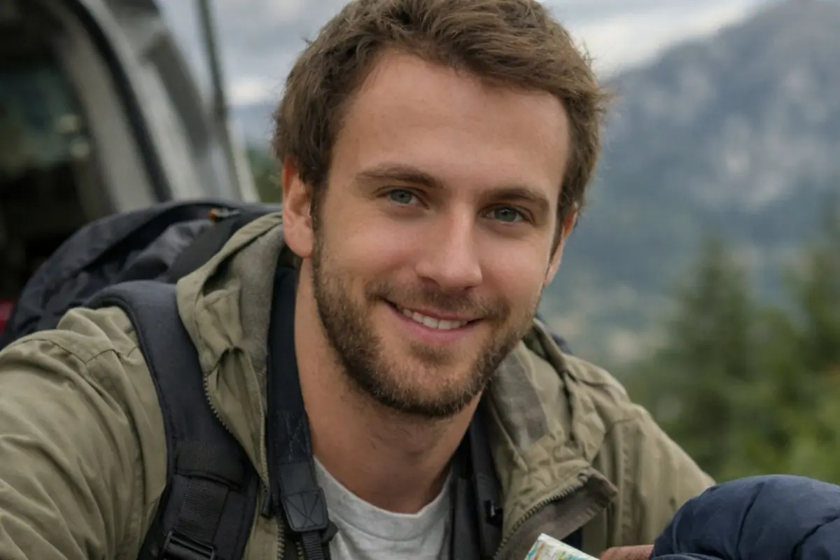Hombre joven con mochila sonriendo al aire libre en un paisaje de montaña