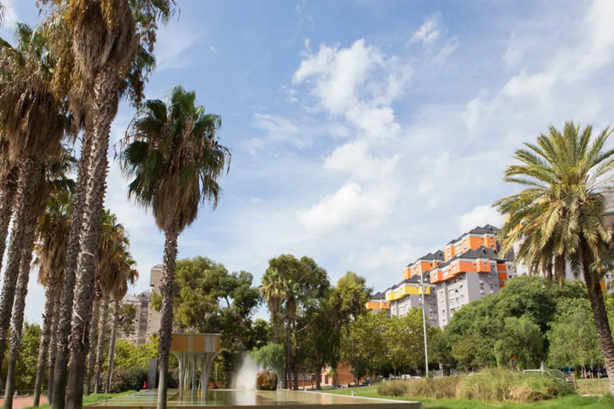 Parque urbano con palmeras altas fuente de agua y edificios residenciales de colores al fondo bajo un cielo parcialmente nublado Parque urbano con palmeras altas fuente de agua y edificios residenciales de colores al fondo bajo un cielo parcialmente nublado