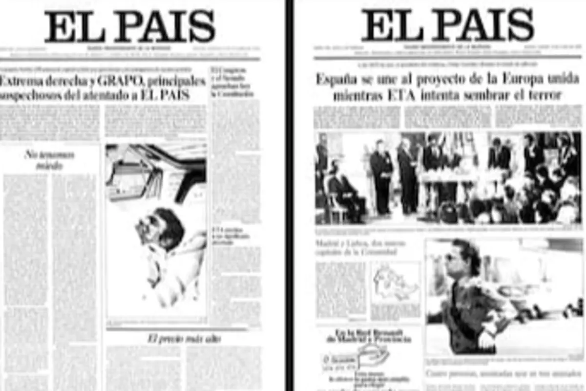 Portadas en blanco y negro del periódico El País con titulares sobre política y terrorismo en España y varias fotografías de actualidad en la parte central de cada primera página