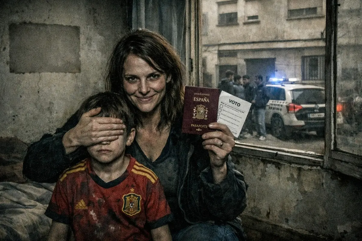 Mujer en una habitación deteriorada cubre los ojos de un niño mientras sostiene un pasaporte español y una papeleta de voto con una patrulla policial al fondo tras la ventana