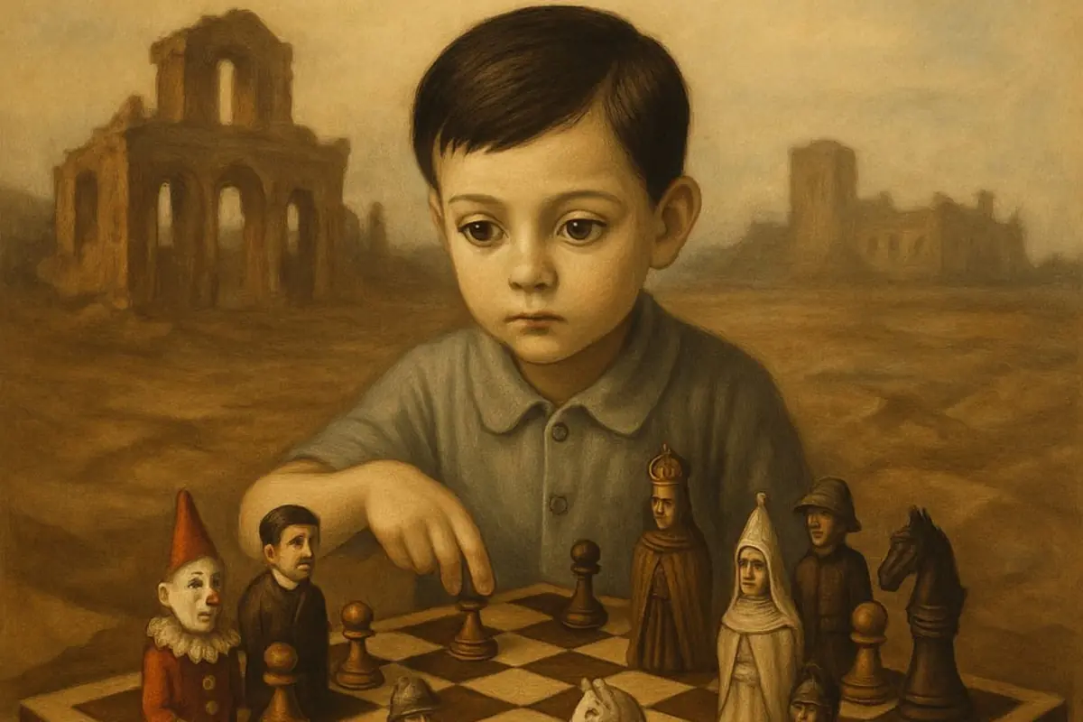 Niño pensativo jugando ajedrez con piezas con forma de personajes humanos y de fantasía frente a un paisaje de ruinas antiguas