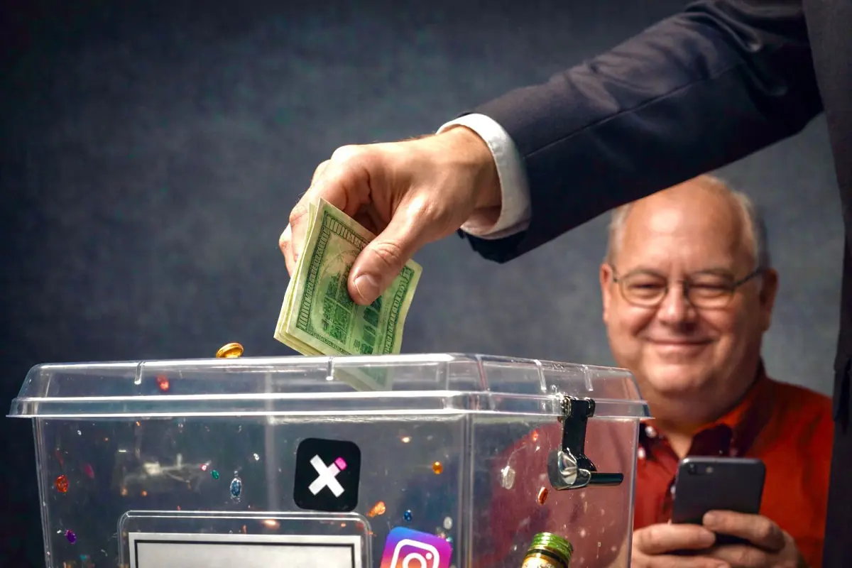 Mano de una persona depositando billetes en una caja transparente de donaciones decorada con pegatinas mientras un hombre mayor sonríe al fondo con un teléfono móvil