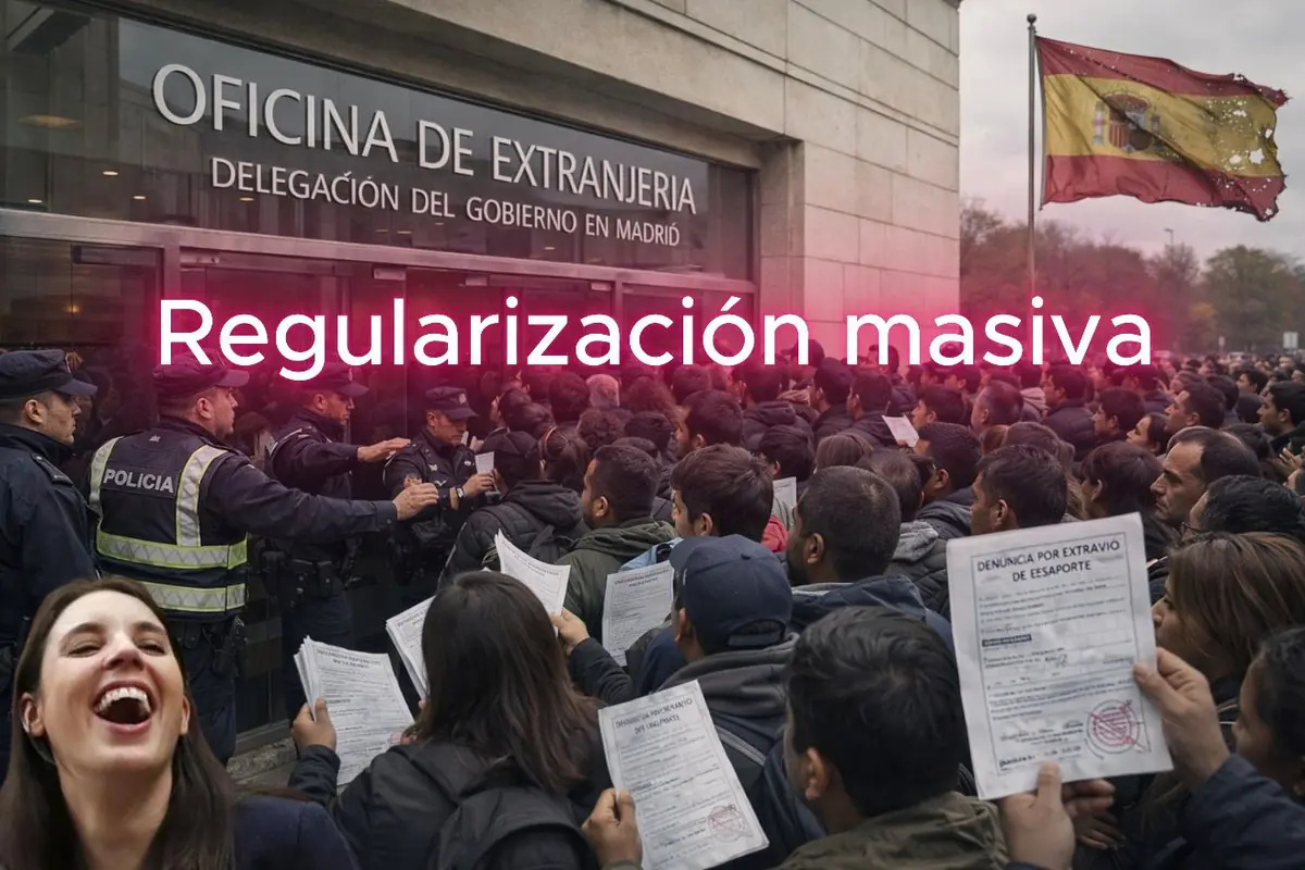 Multitud de personas con documentos en la mano frente a la Oficina de Extranjería en Madrid con policías controlando la entrada y un gran texto sobreimpreso que dice Regularización masiva