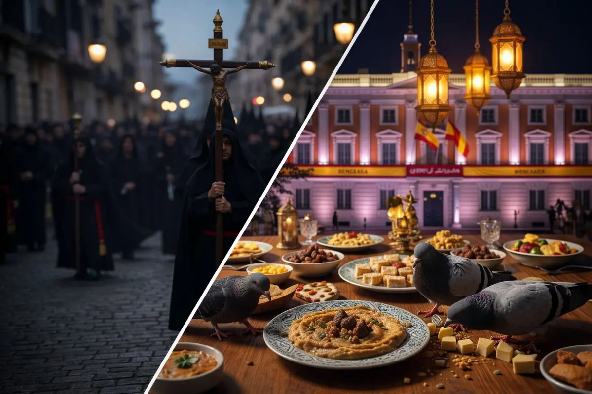 Montaje dividido con una procesión de Semana Santa con cofrades encapuchados portando un crucifijo en una calle al atardecer y una mesa nocturna repleta de comida típica frente a un edificio iluminado con banderas españolas y varias palomas picoteando los platos