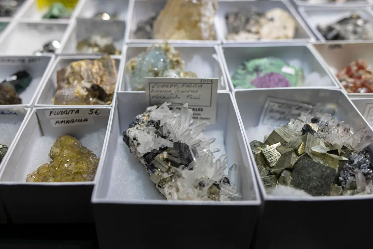 Cajas blancas organizadas en filas que contienen diferentes minerales y cristales de colores exhibidos para su venta