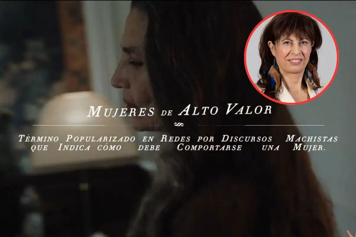 Mujer de perfil en una escena oscura con el texto Mujeres de alto valor término popularizado en redes por discursos machistas que indica cómo debe comportarse una mujer y un recuadro rojo con el retrato de otra mujer sonriente