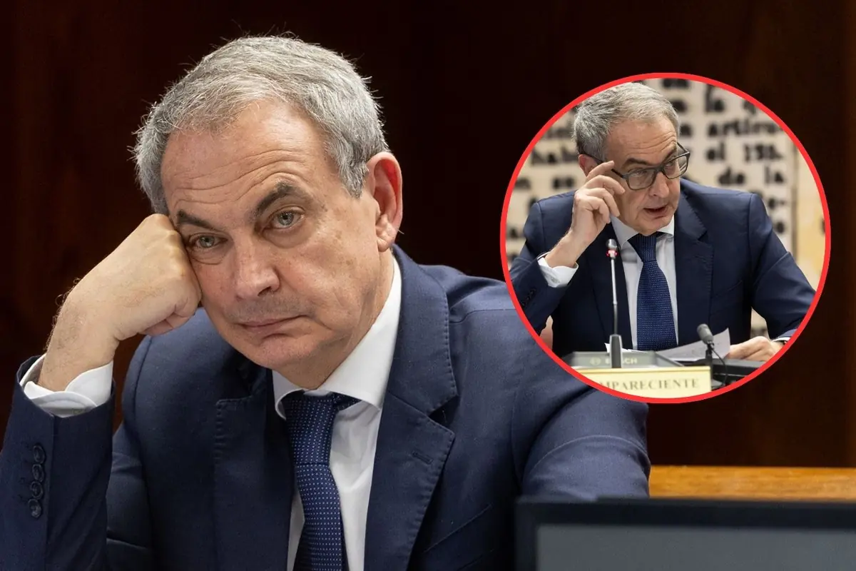 Hombre de traje azul en una sesión parlamentaria apoyando la cabeza en el puño con un recuadro circular que muestra otra escena suya hablando y leyendo documentos en el mismo entorno