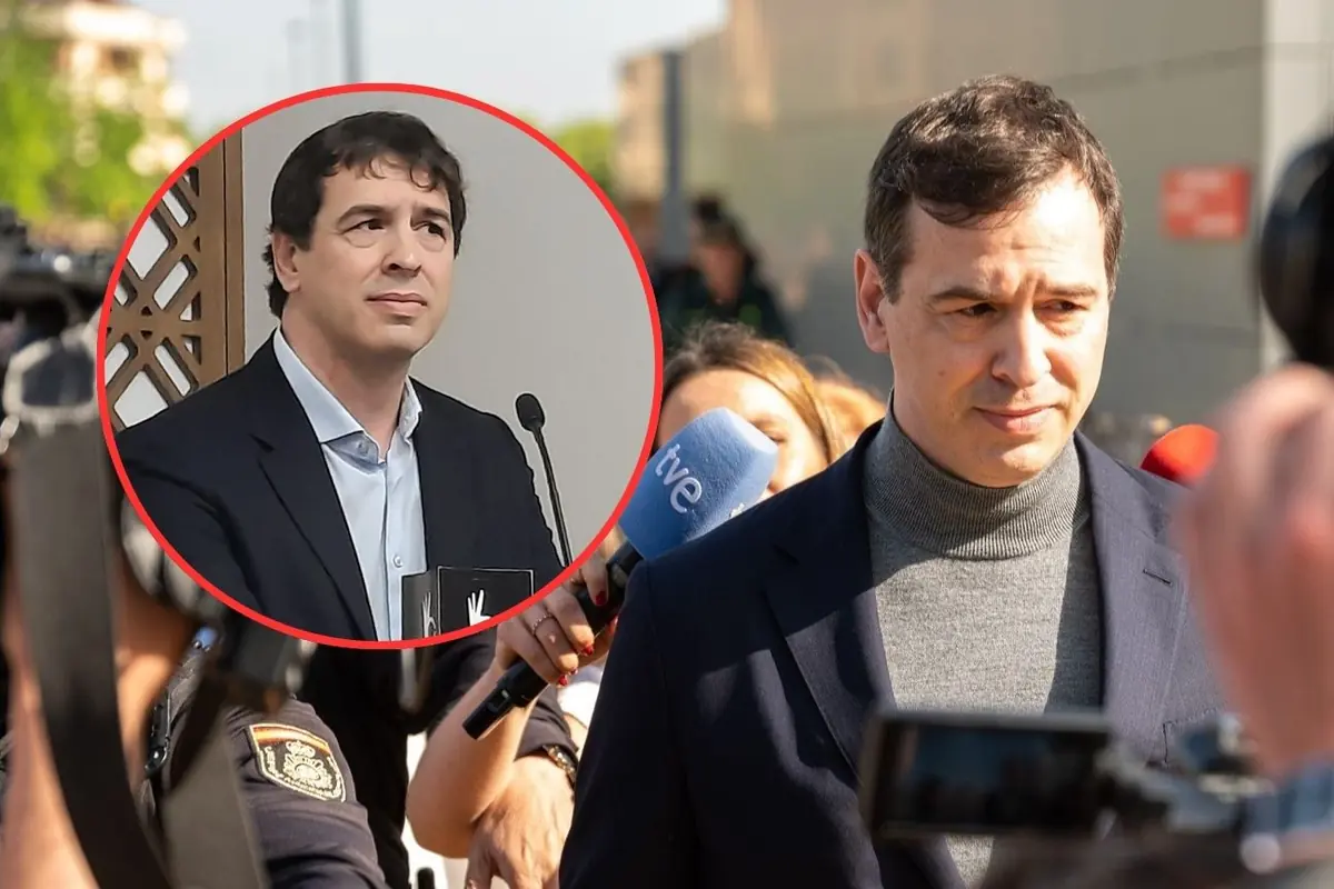 Hombre con chaqueta oscura atendiendo a la prensa en la calle mientras en un recuadro circular se muestra otra imagen suya hablando en un atril