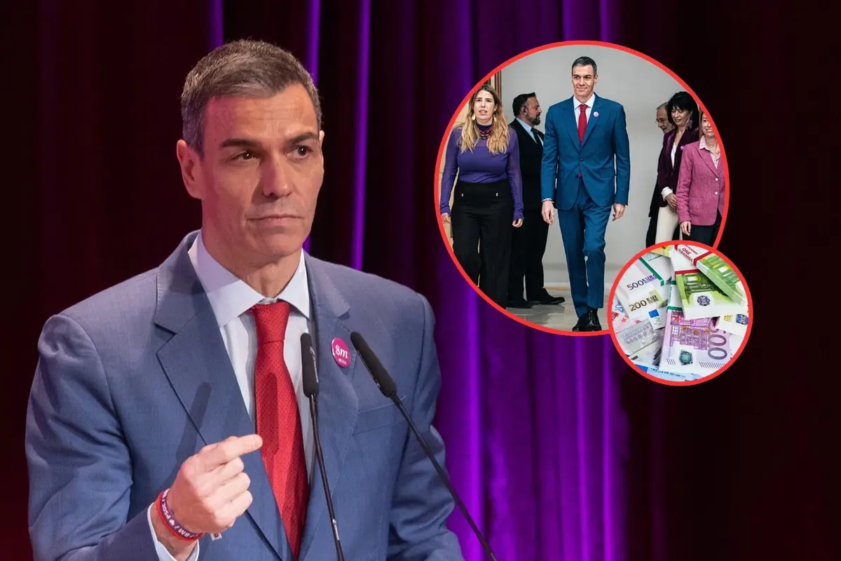 Hombre con traje azul y corbata roja hablando en un atril frente a un telón morado con un montaje circular que muestra a varias personas caminando y billetes de euro