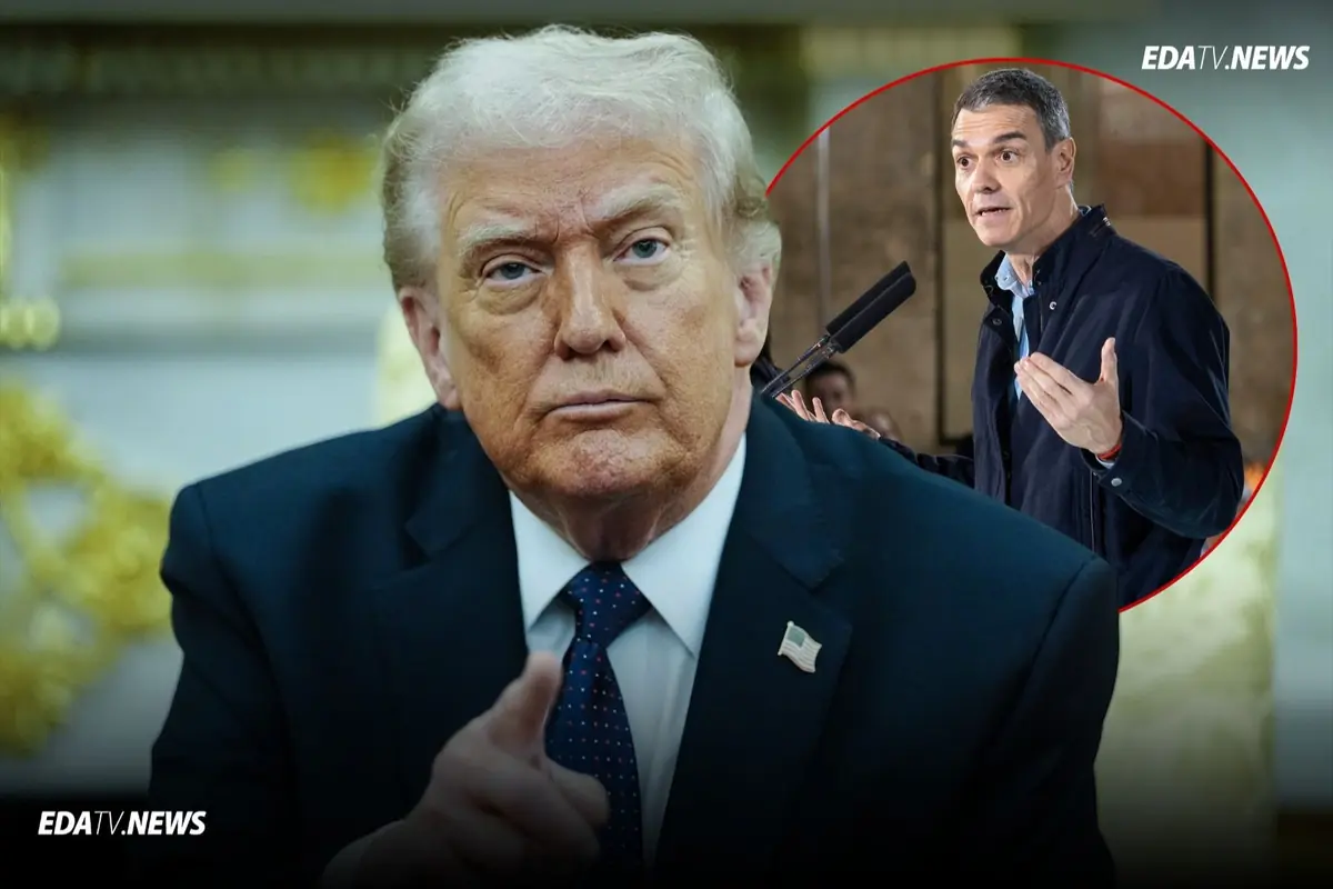 Hombre de traje oscuro en primer plano con gesto serio y otro hombre hablando ante un micrófono dentro de un círculo rojo en el fondo con logotipo de EDATV NEWS en la esquina