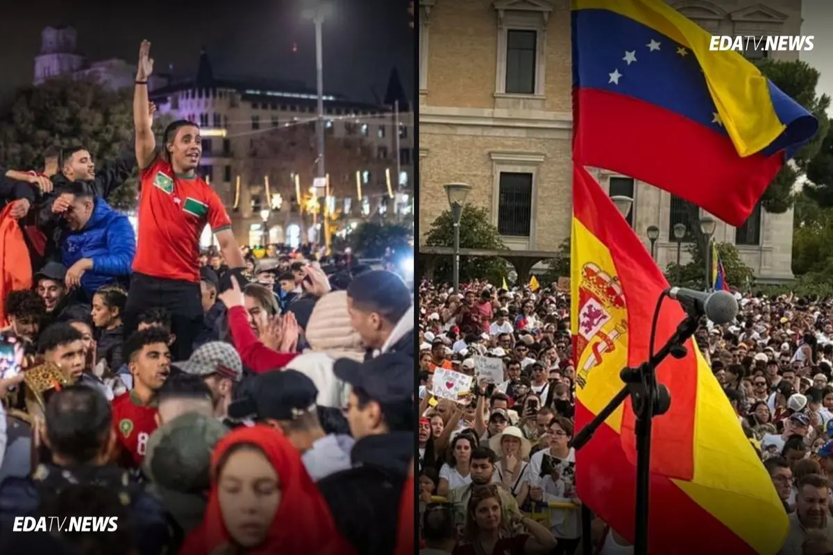 Multitudinarias concentraciones en la calle con banderas de Marruecos Venezuela y España ondeando entre la gente