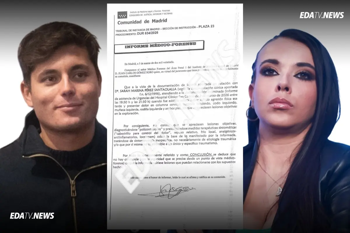 Dos personas en los laterales de un informe médico forense de la Comunidad de Madrid con el logotipo de EDATV NEWS en las esquinas