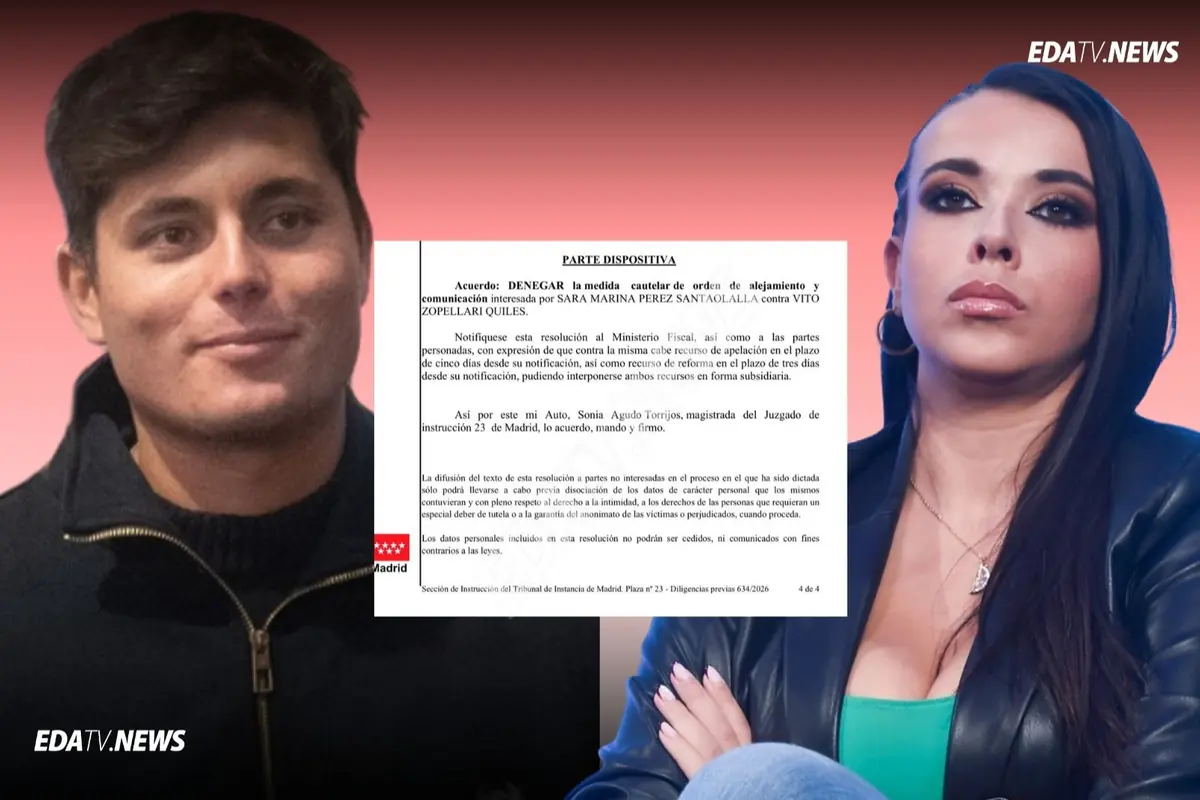 Montaje informativo con un hombre joven a la izquierda y una mujer joven a la derecha sobre fondo degradado rosa con un documento judicial ampliado en el centro y el logotipo EDATV NEWS en la esquina inferior izquierda