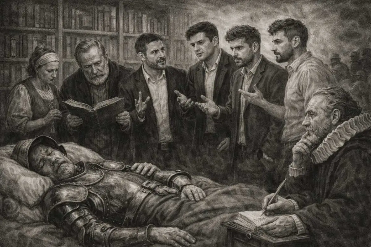 Ilustración en blanco y negro de un caballero con armadura acostado y moribundo rodeado de varias personas que leen discuten y toman notas en una habitación llena de libros