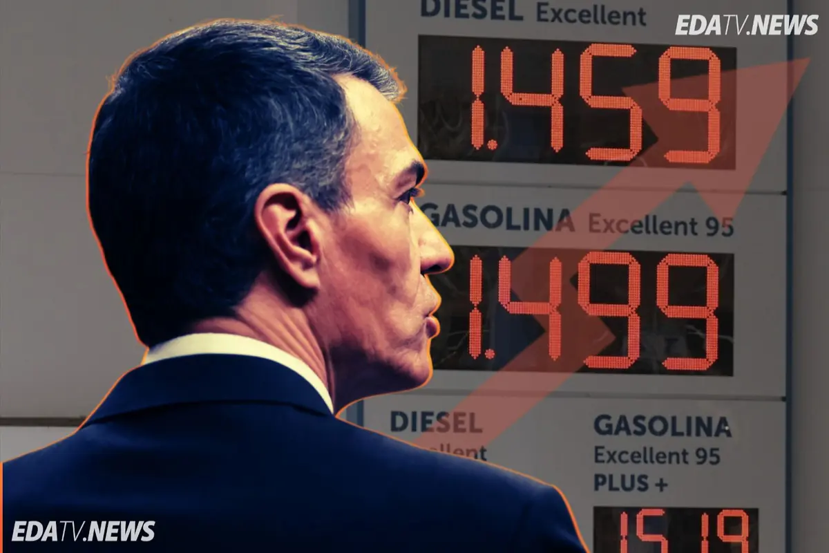 Hombre de perfil con traje oscuro frente a un panel de gasolinera que muestra precios digitales de diésel y gasolina en aumento con una flecha roja ascendente y el logotipo EDATV NEWS en las esquinas