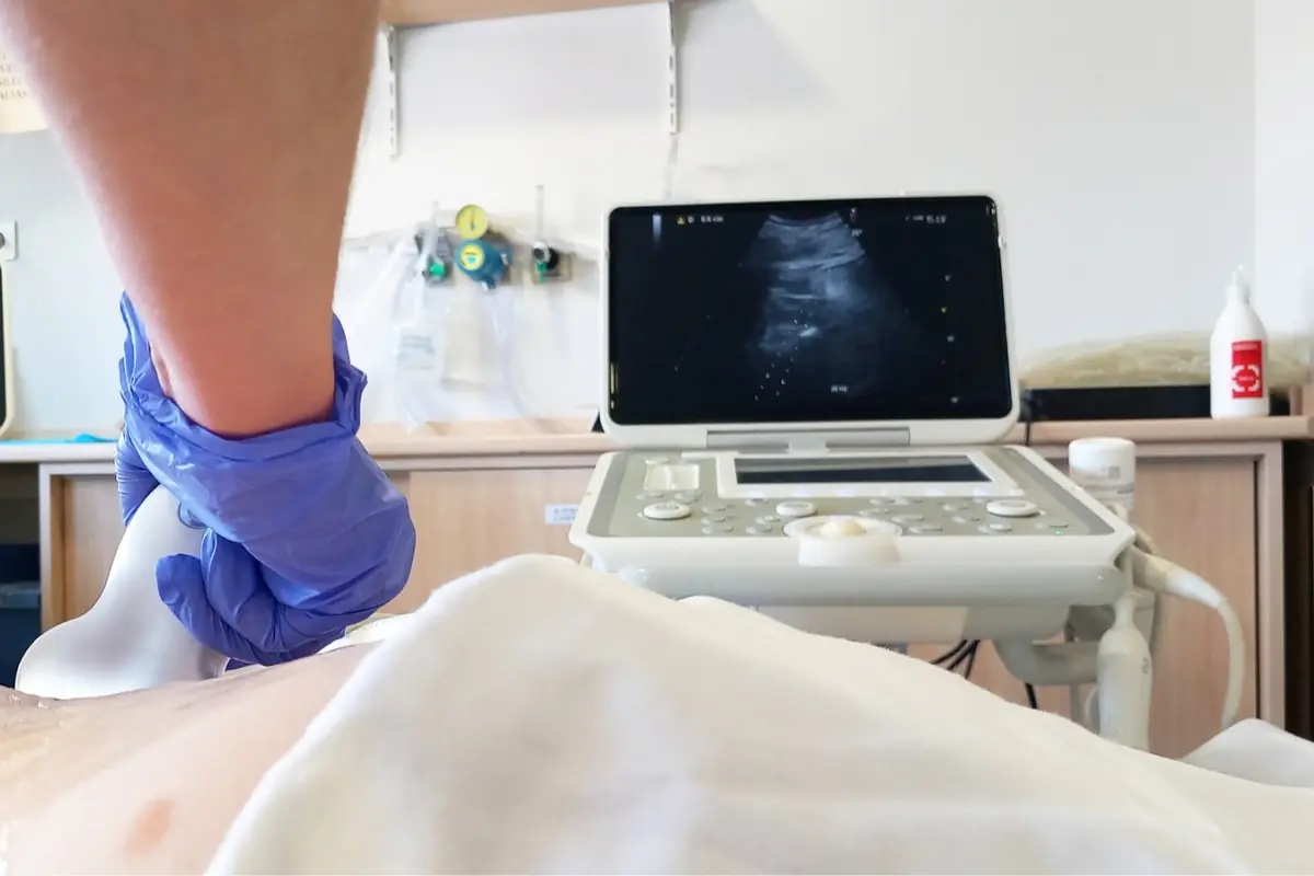 Profesional médico con guantes realizando una ecografía abdominal mientras la imagen se muestra en la pantalla del ecógrafo