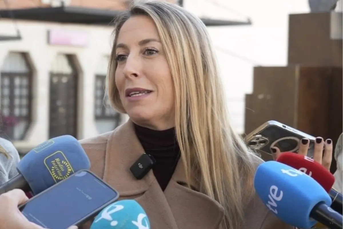 Mujer rubia con abrigo beige atiende a varios micrófonos de prensa y teléfonos móviles en una entrevista al aire libre Mujer rubia con abrigo beige atiende a varios micrófonos de prensa y teléfonos móviles en una entrevista al aire libre