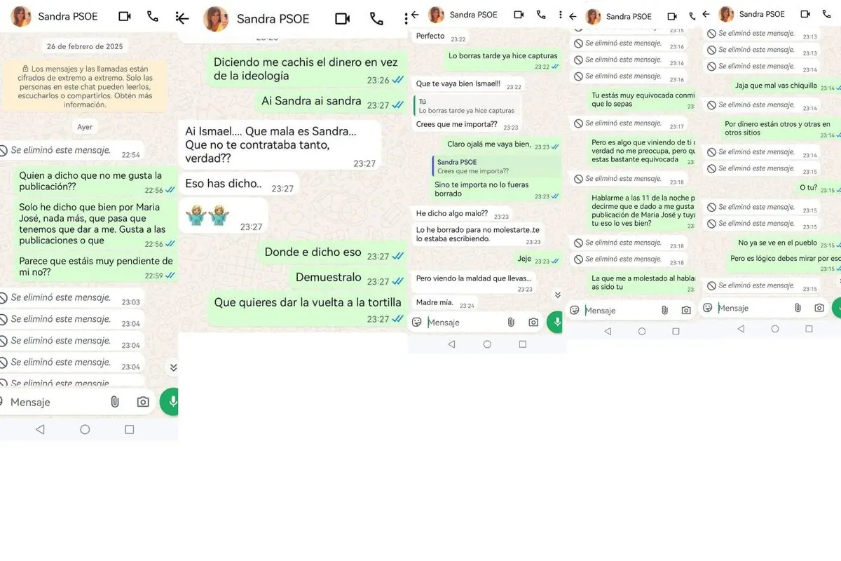 Captura de pantalla compuesta de varias conversaciones de WhatsApp entre una persona llamada Sandra PSOE y otro contacto donde se leen mensajes en español sobre publicaciones en redes sociales gustos personales malentendidos y numerosos textos eliminados dentro del chat