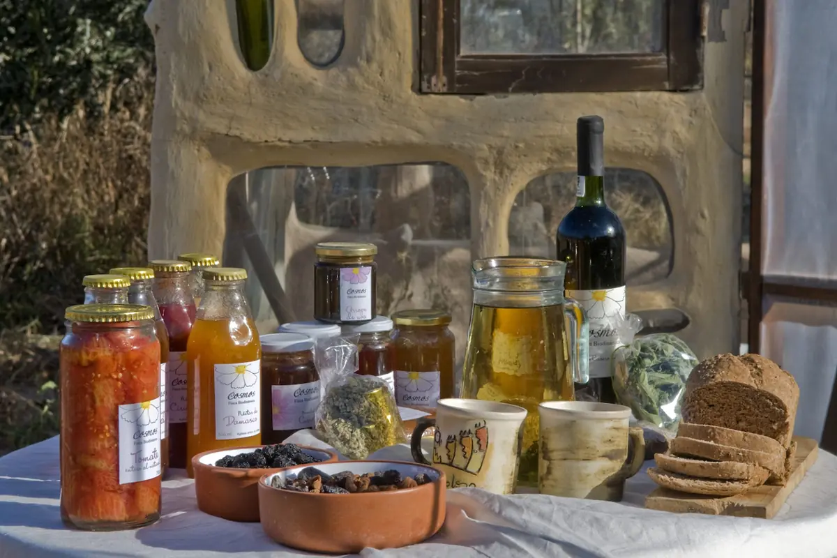 Mesa rústica al aire libre con frascos de conservas caseras pan integral en rebanadas jarras de bebida tazas de cerámica vino y hierbas secas Mesa rústica al aire libre con frascos de conservas caseras pan integral en rebanadas jarras de bebida tazas de cerámica vino y hierbas secas