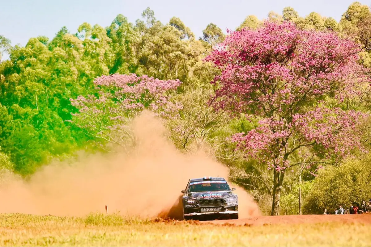 Auto de rally levantando una gran nube de polvo mientras avanza por un camino de tierra rodeado de árboles verdes y rosados en flor